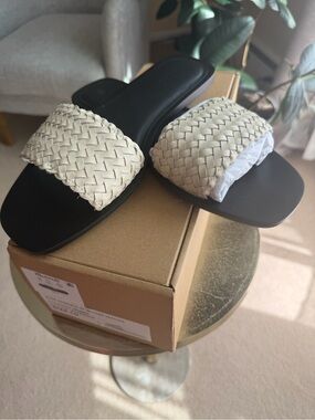 Madewell Alabaster Woven Leather Slide Sandals with Black Footbed